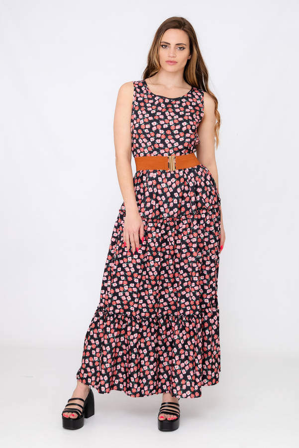 Kelly Floral Printed Sleeveless Maxi Dress With Pockets &amp; Belt