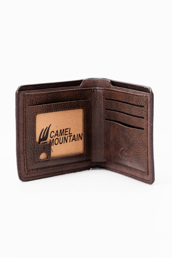 Camel Mountain Leather Bi-Fold Wallet Brown