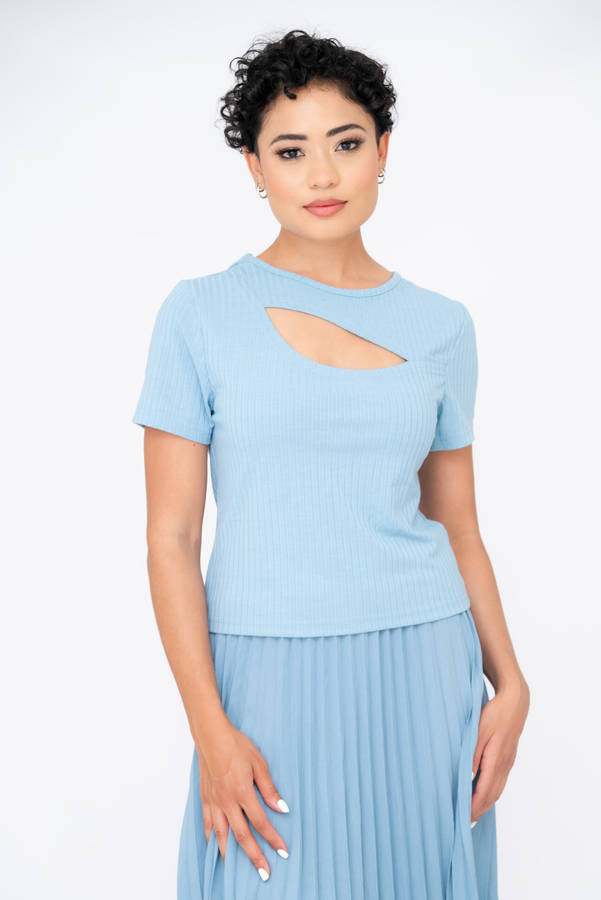 Ladies Round Neck Cut Out Detail Ribbed T-Shirt