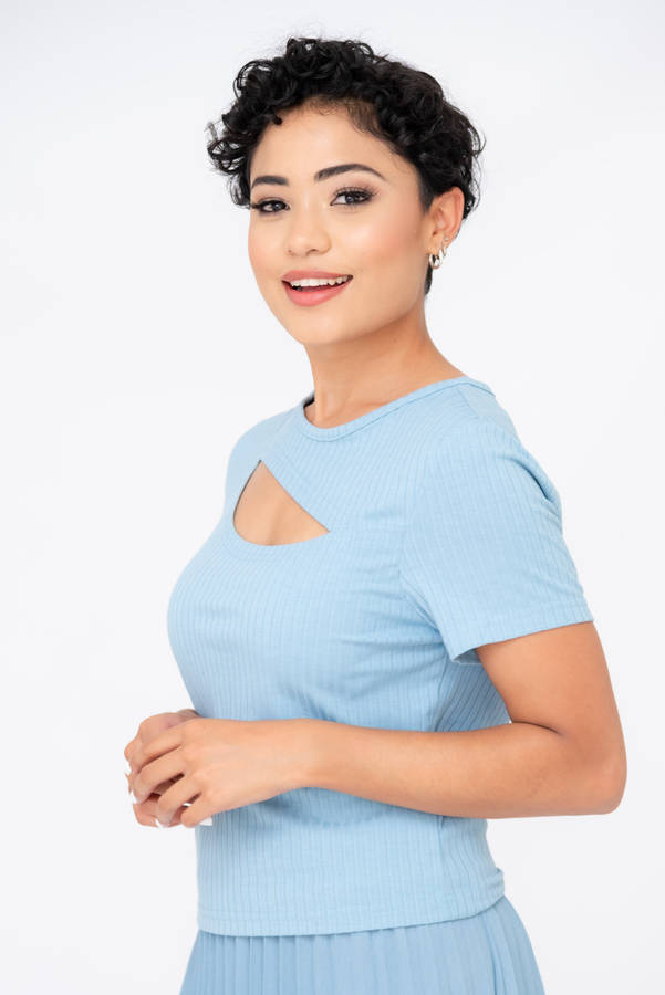 Ladies Round Neck Cut Out Detail Ribbed T-Shirt