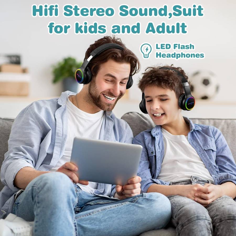 Bluetooth Headphones With Mic, Colorful LED Lights Foldable Headphones Fit for Kids or Adults