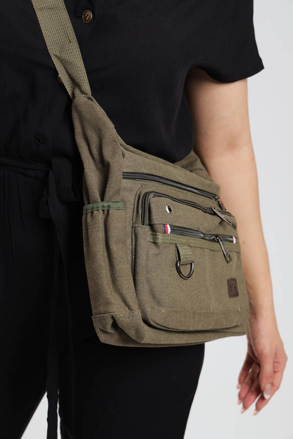 Canvas Unisex Multi Zipper Sling Shoulder Bag Crossbody Travel Messenger Bag