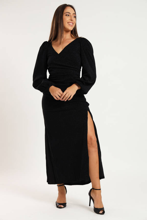 Cindy Shimmer Long Sleeve Evening Formal Maxi Dress