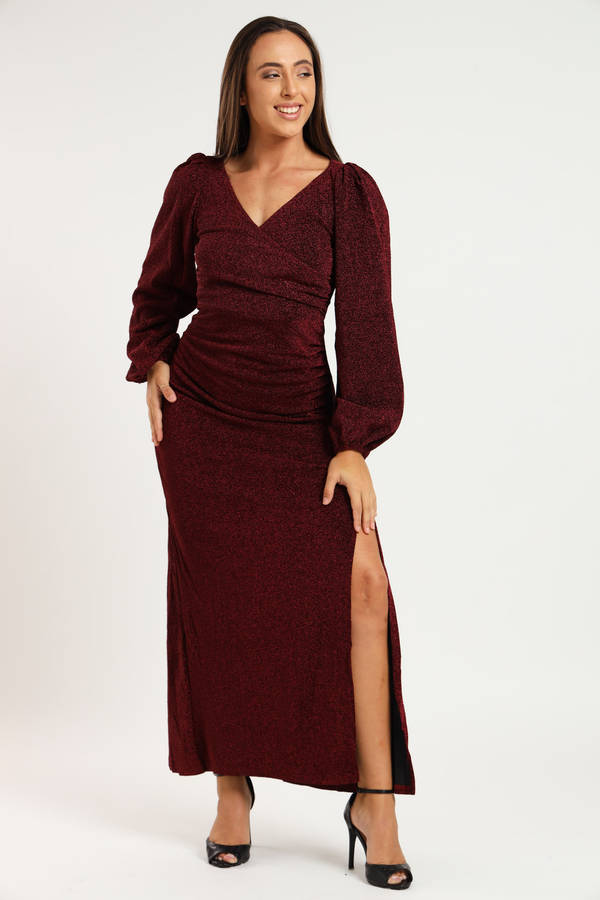 Cindy Shimmer Long Sleeve Evening Formal Maxi Dress