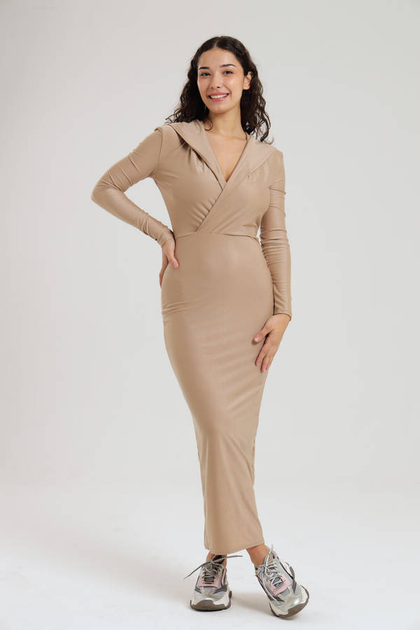 Danielle Hooded Long Sleeve Contour Maxi Evening Dress
