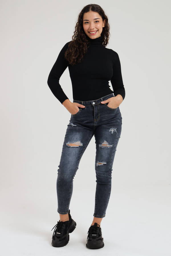 Ladies Dark Blue Ripped Stretch Skinny Jeans