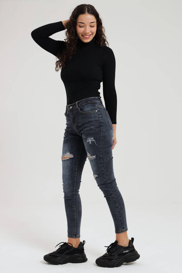 Ladies Dark Blue Ripped Stretch Skinny Jeans