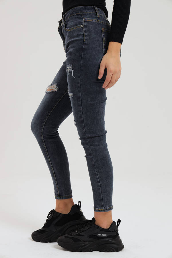 Ladies Dark Blue Ripped Stretch Skinny Jeans