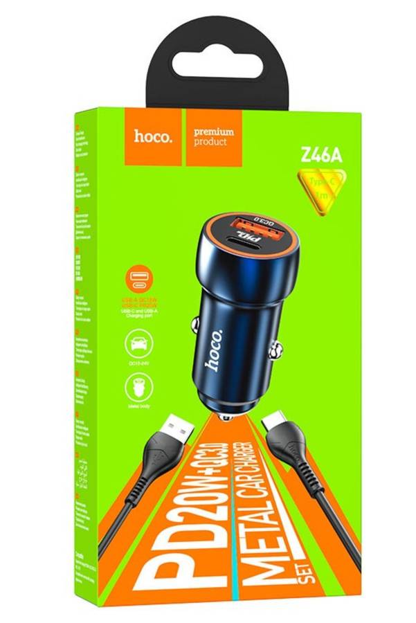 HOCO Dual Port Car charger Z46A Blue Whale PD20W + QC3.0 Set With Type C cable