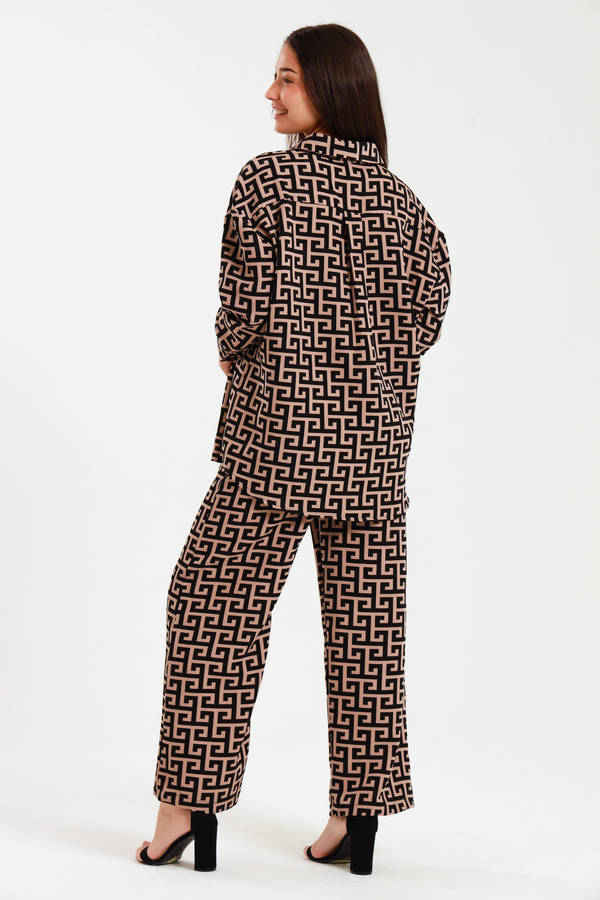 Ladies Oversized Long Sleeve Shirt Collar Top &amp; Wide Leg Pants Co-Ords Set
