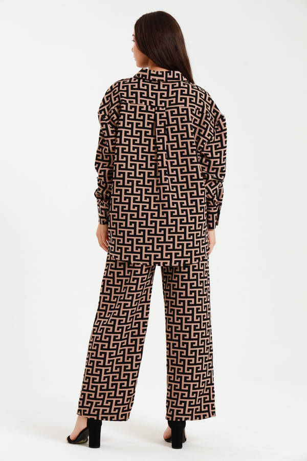 Ladies Oversized Long Sleeve Shirt Collar Top &amp; Wide Leg Pants Co-Ords Set