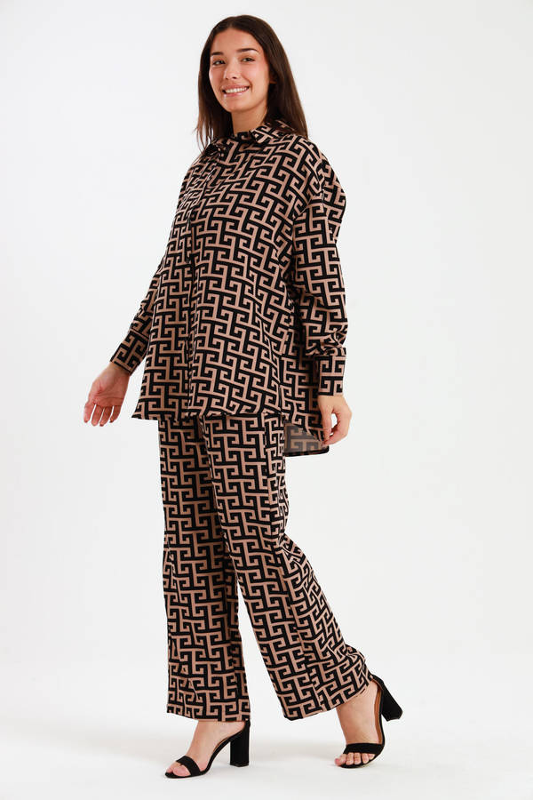 Ladies Oversized Long Sleeve Shirt Collar Top &amp; Wide Leg Pants Co-Ords Set