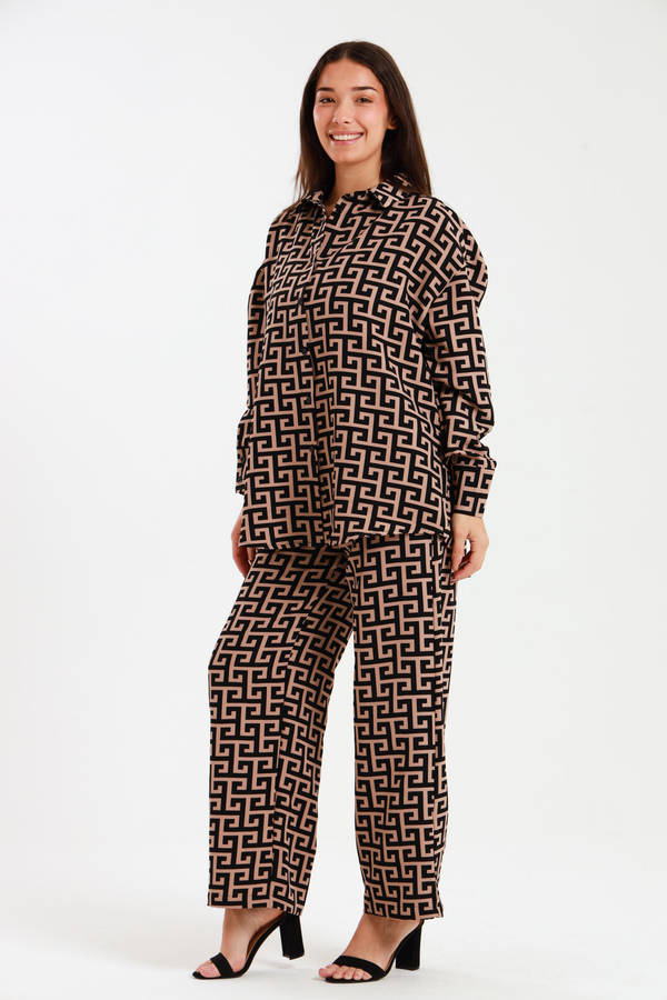 Ladies Oversized Long Sleeve Shirt Collar Top &amp; Wide Leg Pants Co-Ords Set