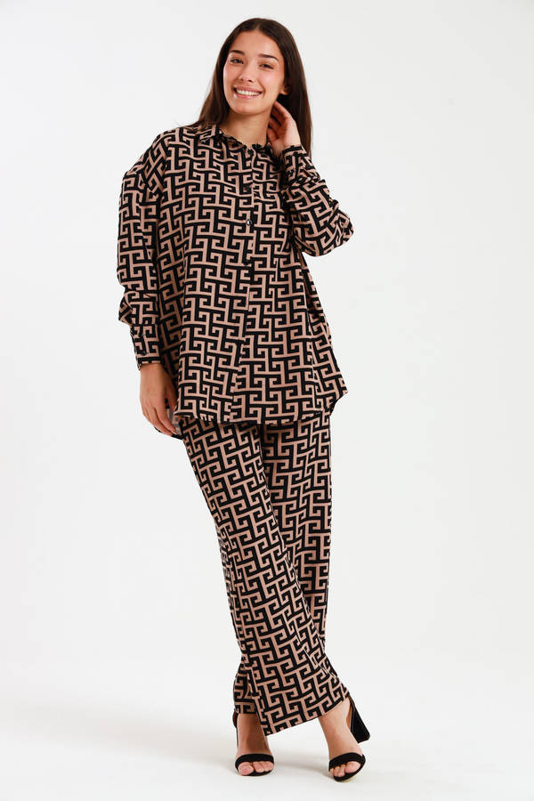 Ladies Oversized Long Sleeve Shirt Collar Top &amp; Wide Leg Pants Co-Ords Set