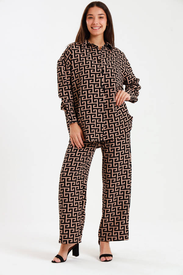 Ladies Oversized Long Sleeve Shirt Collar Top &amp; Wide Leg Pants Co-Ords Set