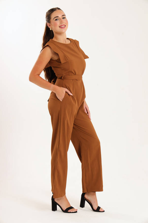 Ladies Ruffle Sleeves Full Length Jumpsuit With Pockets