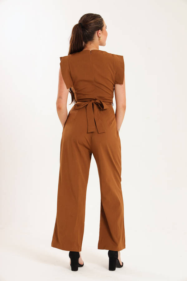 Ladies Ruffle Sleeves Full Length Jumpsuit With Pockets