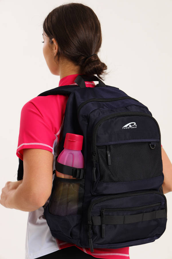 Powerland Laptop Backpack Navy Blue School Bag With Multiple Compartments &amp; Free Water Bottle