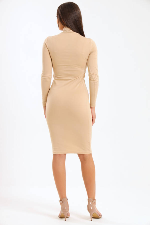 Ladies High Neck Ponti Long Sleeve Bodycon Midi Dress