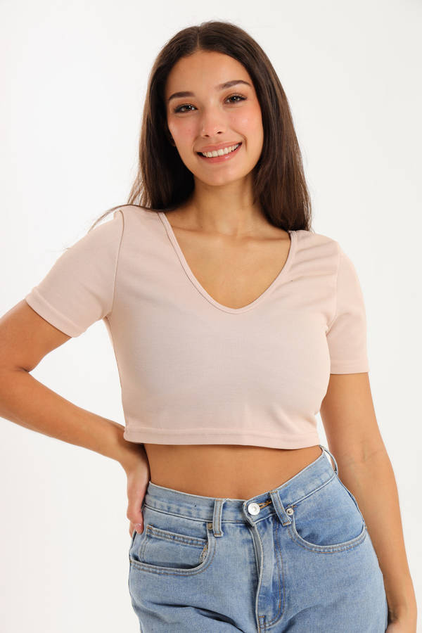 Ladies Short Sleeve V-Neck Sweater Crop Top