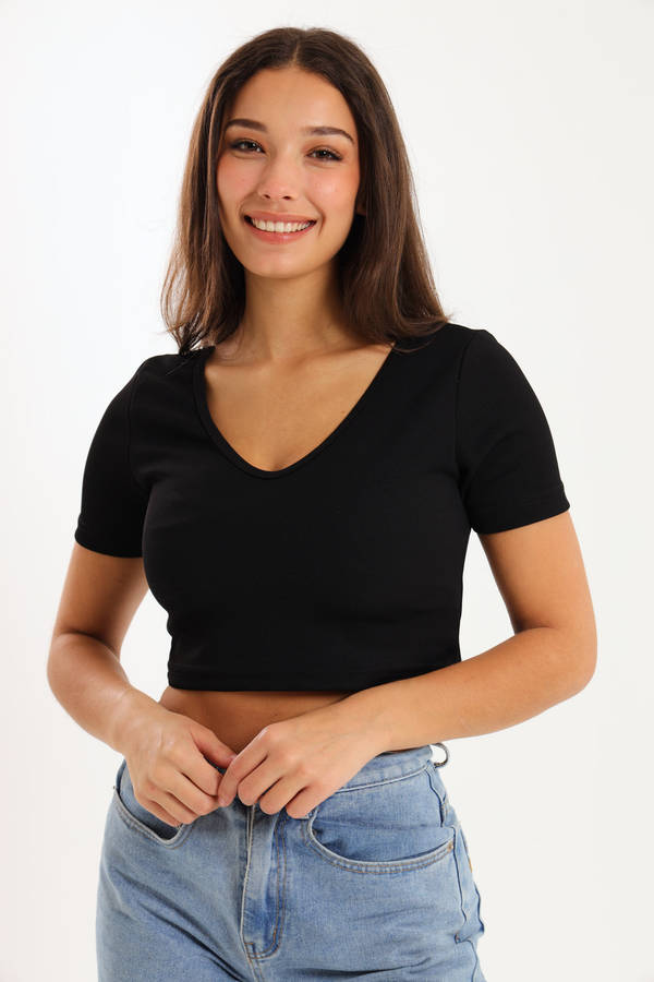 Ladies Short Sleeve V-Neck Sweater Crop Top