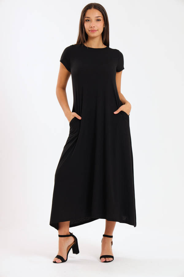 Mia Short Sleeve Maxi Dress With Pockets Black