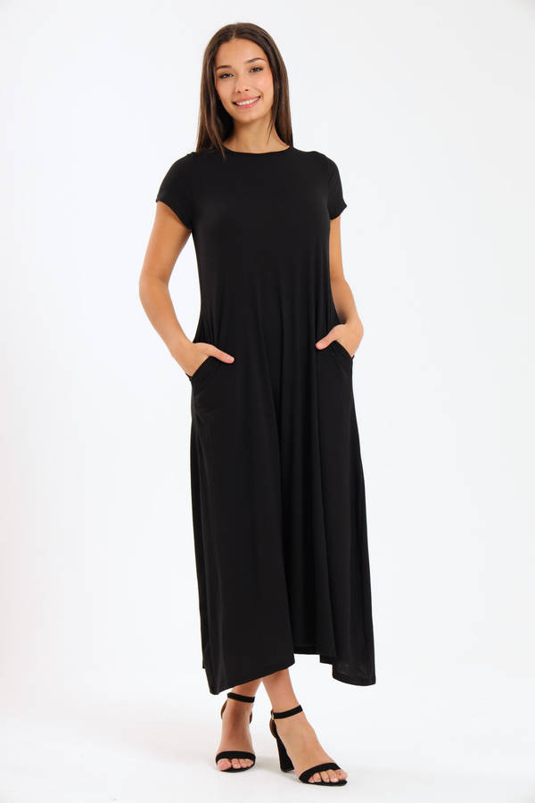 Mia Short Sleeve Maxi Dress With Pockets Black