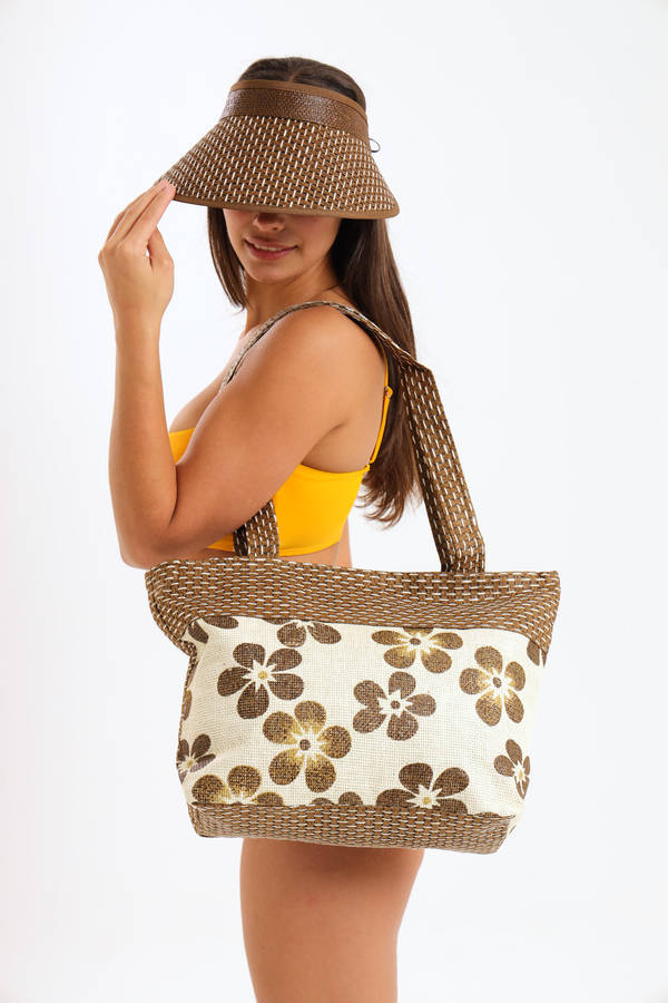 Senza® Large Capacity Canvas Stripe Tote Beach Bag With Matching Hat