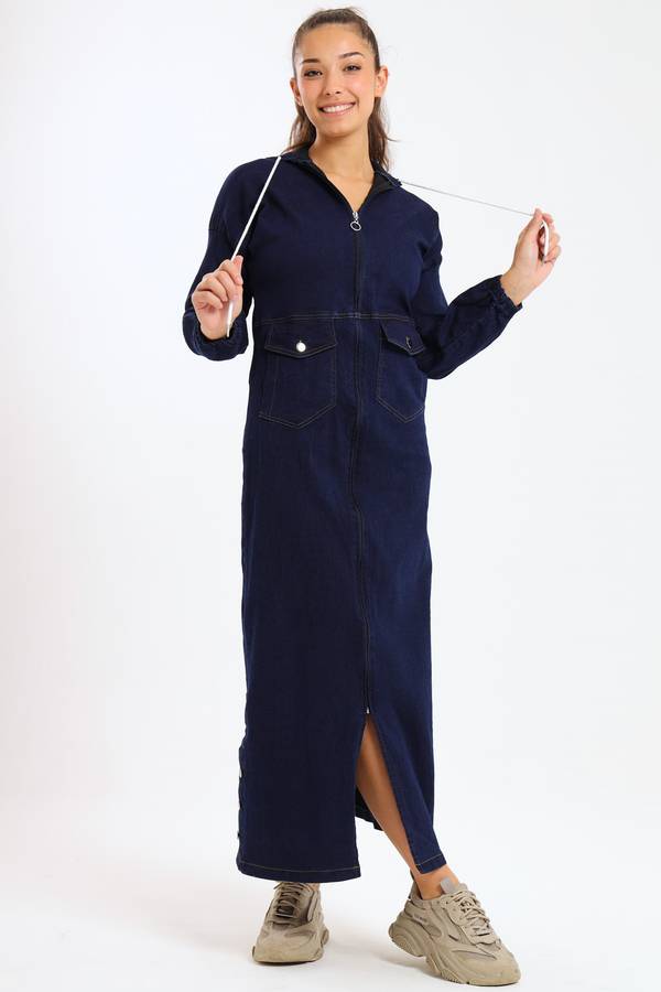 Drew Stretch Denim Maxi Dress With Hood