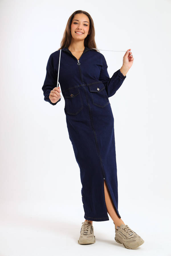 Drew Stretch Denim Maxi Dress With Hood
