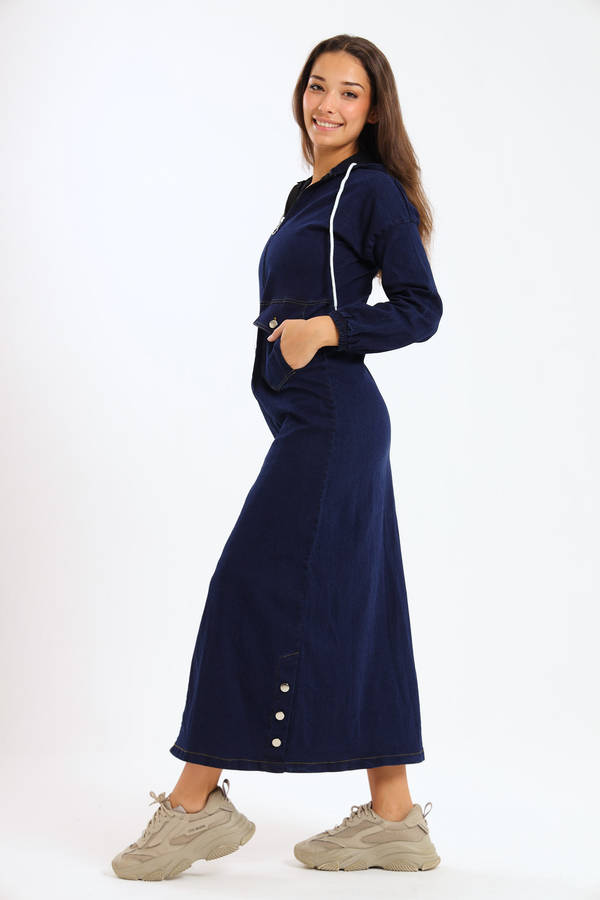 Drew Stretch Denim Maxi Dress With Hood