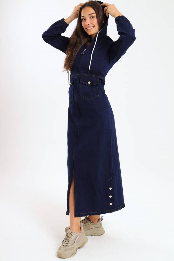 Drew Stretch Denim Maxi Dress With Hood
