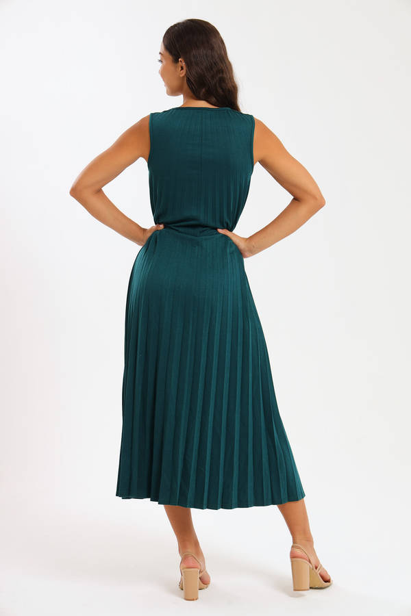 Allegra Sleeveless Pleated Ruffle Hem Crew Neck Elegant Midi Dress