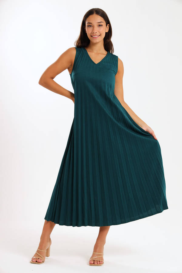 Allegra Sleeveless Pleated Ruffle Hem Crew Neck Elegant Midi Dress