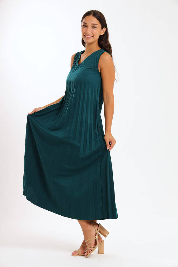 Allegra Sleeveless Pleated Ruffle Hem Crew Neck Elegant Midi Dress