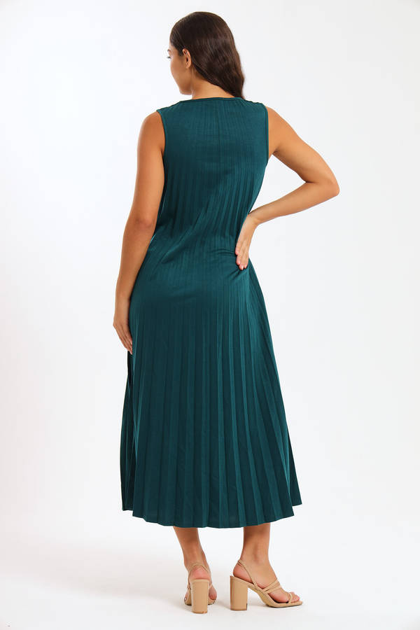 Allegra Sleeveless Pleated Ruffle Hem Crew Neck Elegant Midi Dress
