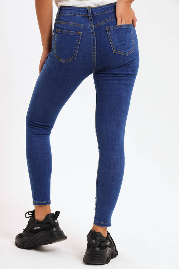 Ladies Dark Blue High Rise Ripped Stretch Skinny Jeans