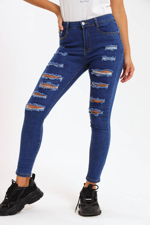 Ladies Dark Blue High Rise Ripped Stretch Skinny Jeans