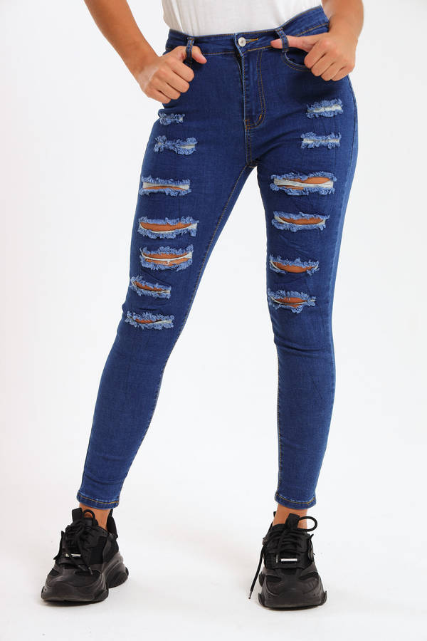 Ladies Dark Blue High Rise Ripped Stretch Skinny Jeans