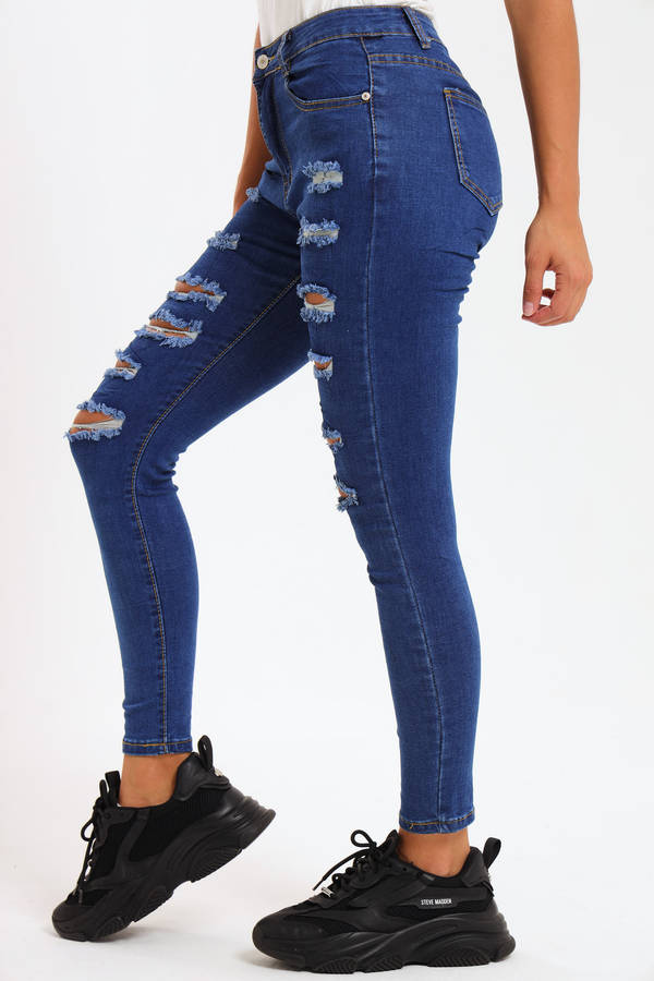 Ladies Dark Blue High Rise Ripped Stretch Skinny Jeans