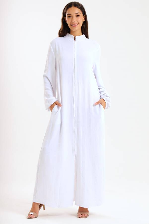 Aafreen Zipp-Up Long Sleeve Loose Fit White Abaya Cloak Dress With Pockets