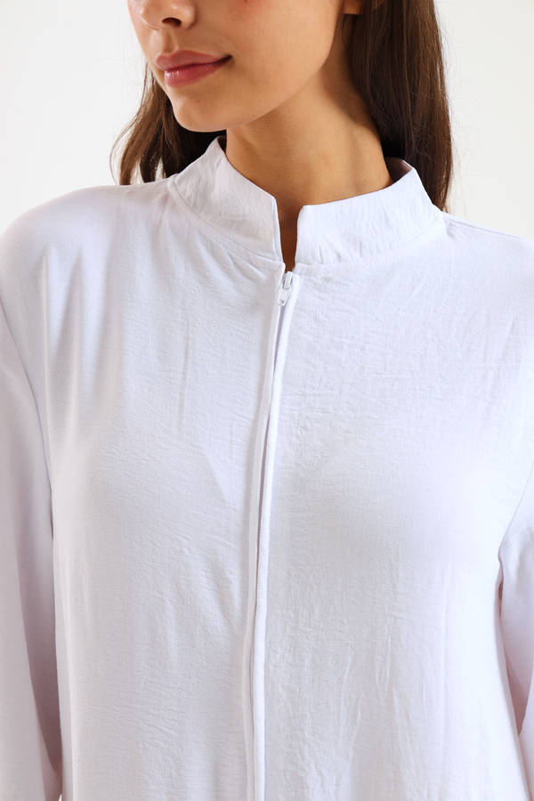 Aafreen Zipp-Up Long Sleeve Loose Fit White Abaya Cloak Dress With Pockets