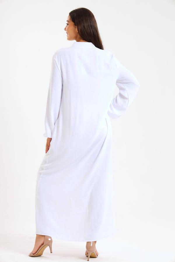 Aafreen Zipp-Up Long Sleeve Loose Fit White Abaya Cloak Dress With Pockets