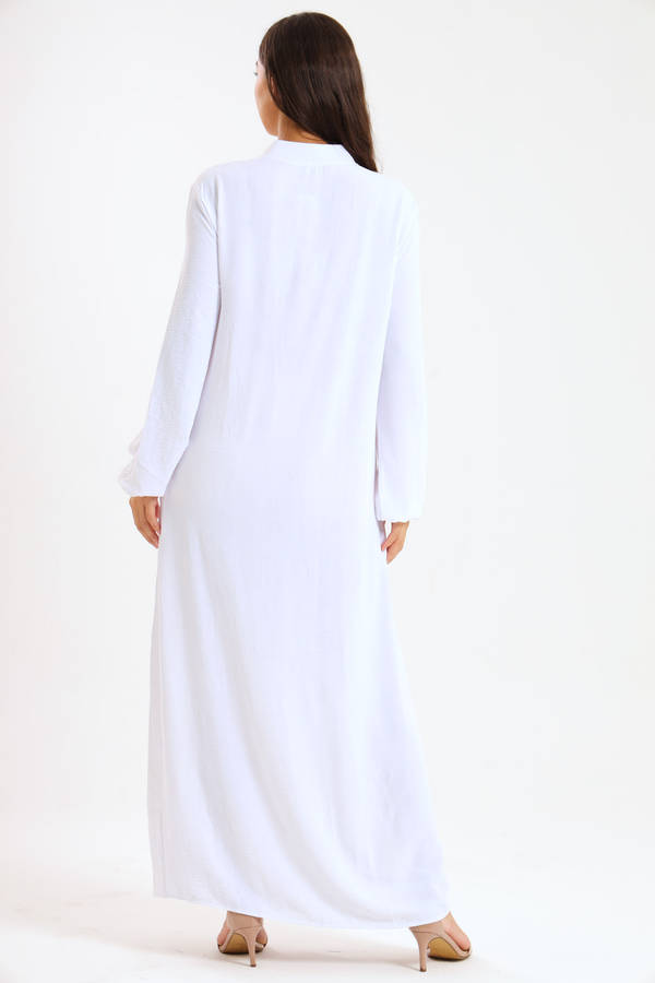 Aafreen Zipp-Up Long Sleeve Loose Fit White Abaya Cloak Dress With Pockets