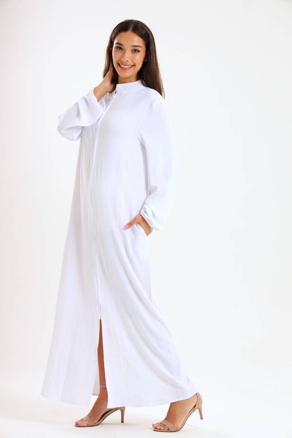 Aafreen Zipp-Up Long Sleeve Loose Fit White Abaya Cloak Dress With Pockets