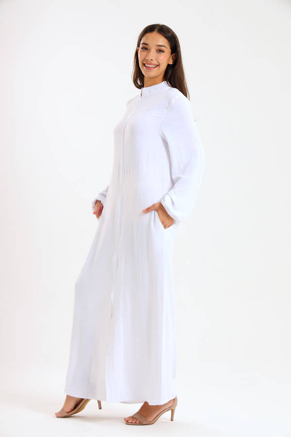 Aafreen Zipp-Up Long Sleeve Loose Fit White Abaya Cloak Dress With Pockets