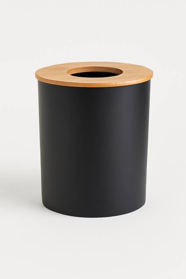 Clayton Modern 7L Black Bathroom Bedroom Dustbin With Bamboo Lid