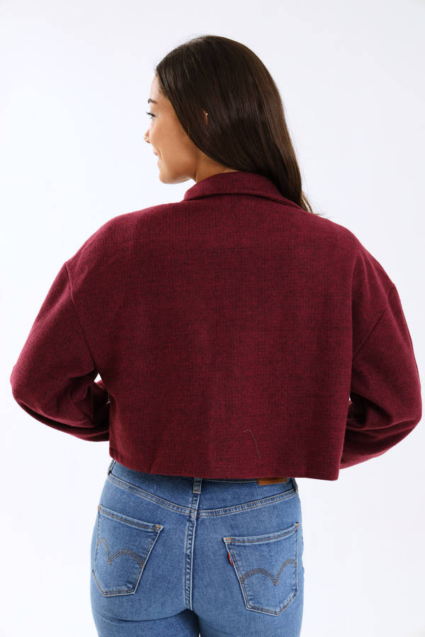 Ladies Cropped Burgundy Button-Up Jacket