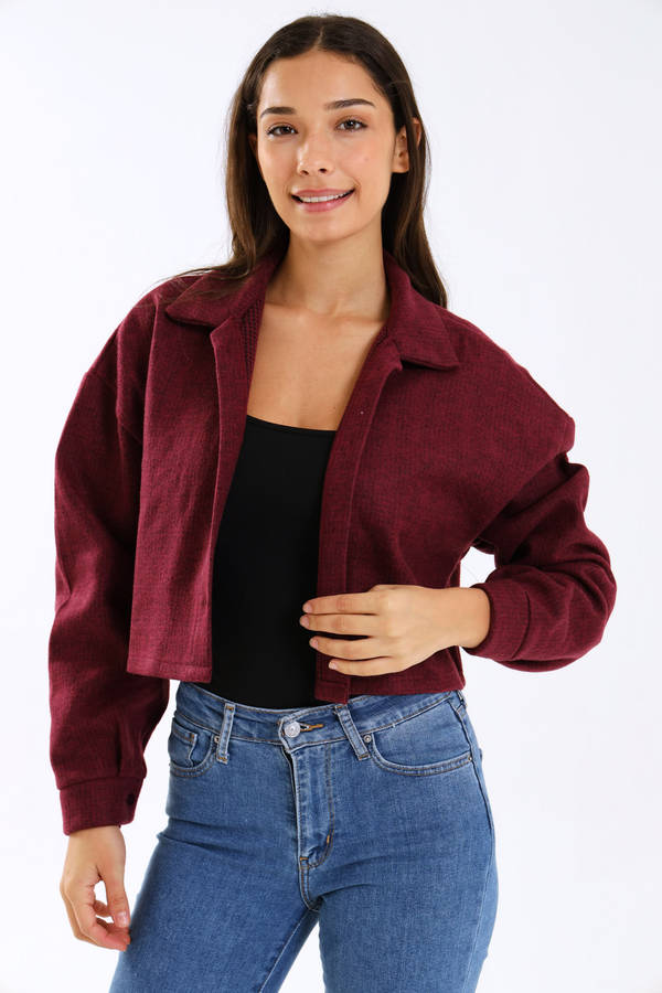 Ladies Cropped Burgundy Button-Up Jacket