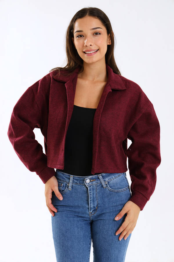 Ladies Cropped Burgundy Button-Up Jacket